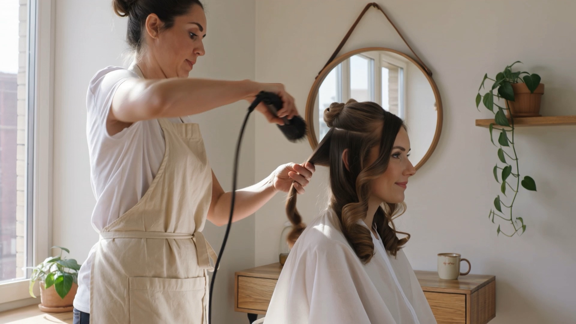 Beauty pros at work: a stylist finishing a blowout, a stylist cutting a shag, an esthetician applying a mask.